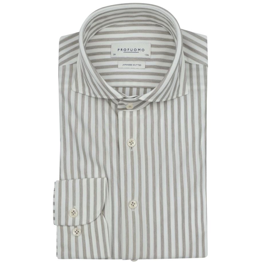 Profuomo Japanese Knitted Overhemd Streep Beige Bruin