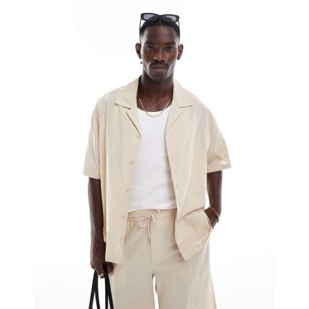 Sixth June - Oversized overhemd van linnenmix met korte mouwen in beige, deel van co-ord set-Neutraal