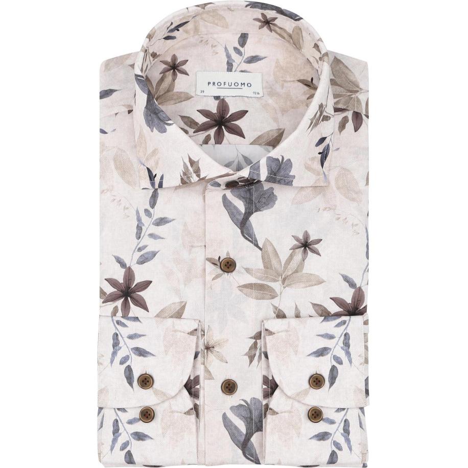 Profuomo Overhemd Bloemenprint Beige Bruin