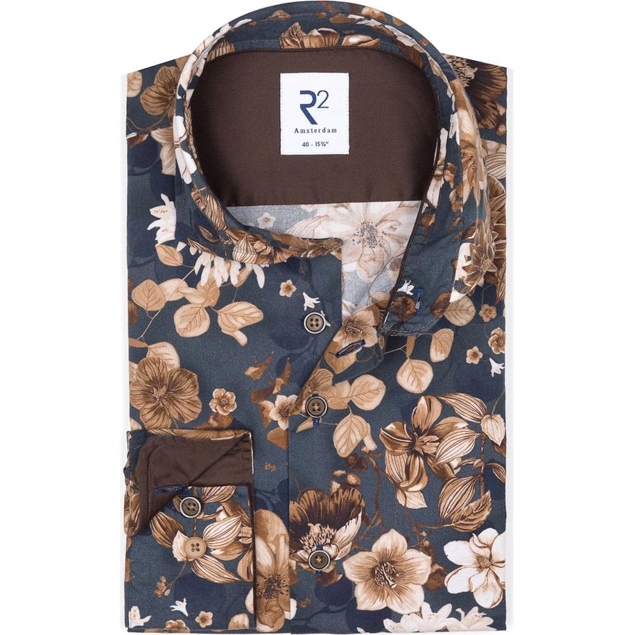 R2 Amsterdam Overhemd donkerblauw, Bloemen Blauw