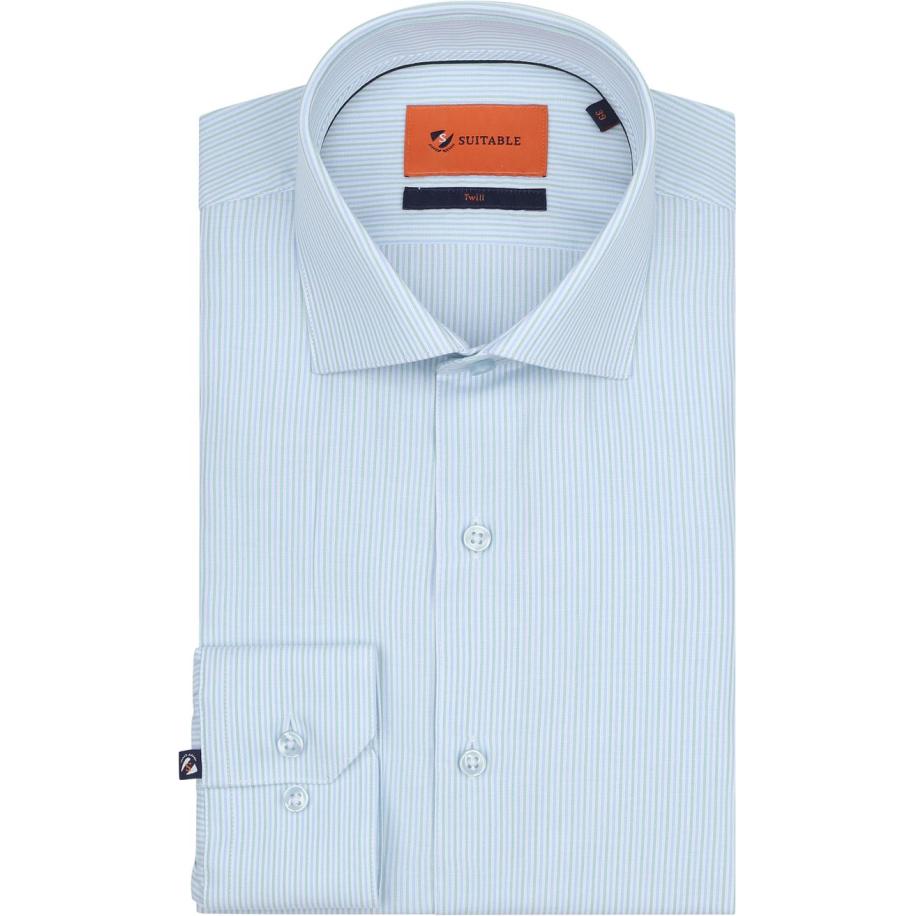 Suitable Overhemd Twill Streep Lichtblauw Blauw