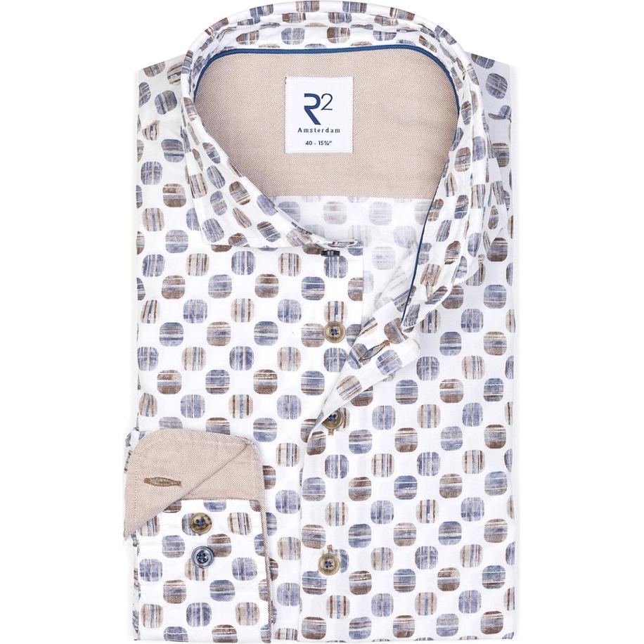 R2 Amsterdam Overhemd beige, Bedrukt Bruin