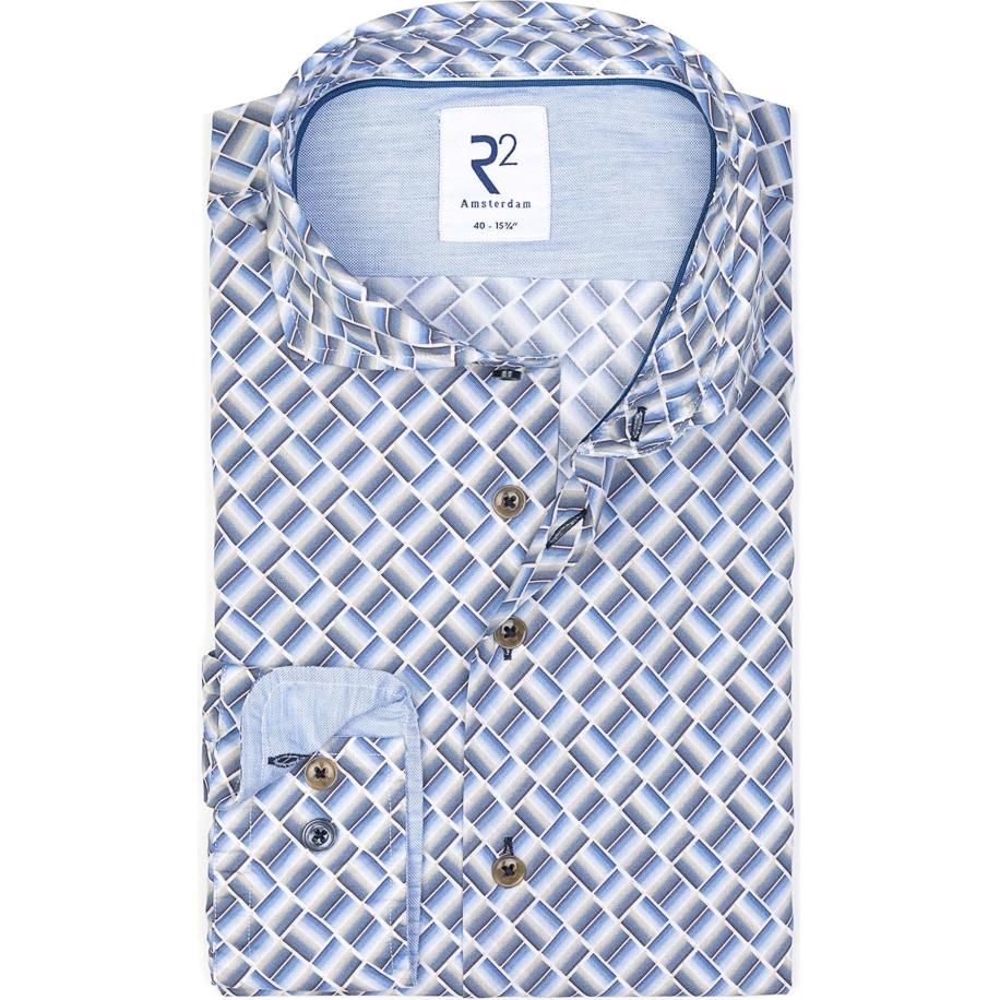 R2 Amsterdam Overhemd blauw, Bedrukt Blauw