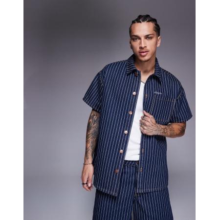 Liquor N Poker - Oversized krijtstreep denim overhemd in donker denim-Blauw