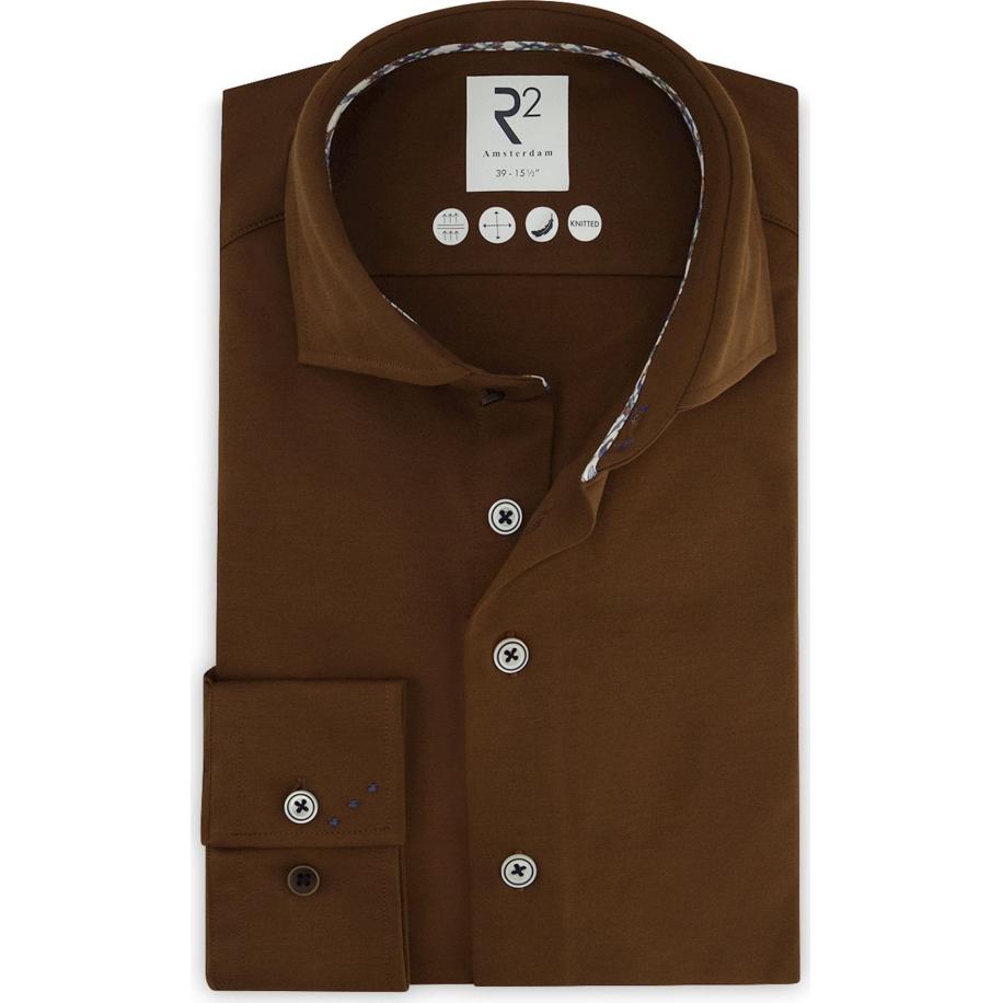 R2 Amsterdam Overhemd bruin, Effen Bruin