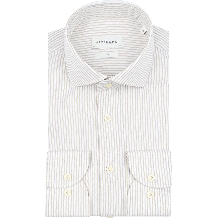 Profuomo Shirt Extra Lange Mouwen Travel Streep Beige Bruin