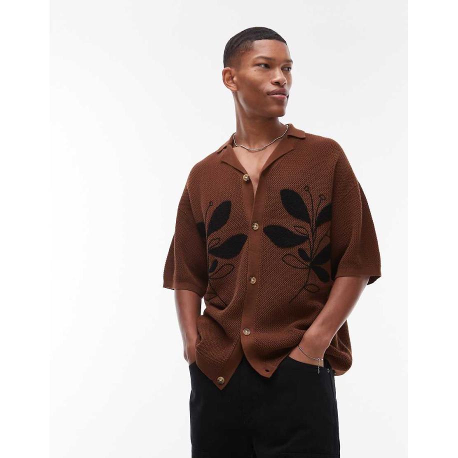 Topman - Ruimvallend gebreid overhemd met reverskraag en bloemenappliqué in bruin Bruin