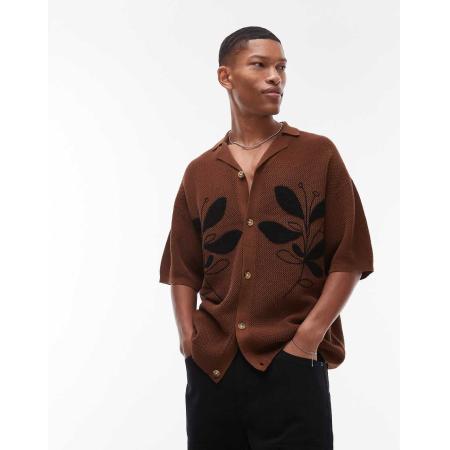 Topman - Ruimvallend gebreid overhemd met reverskraag en bloemenappliqué in bruin