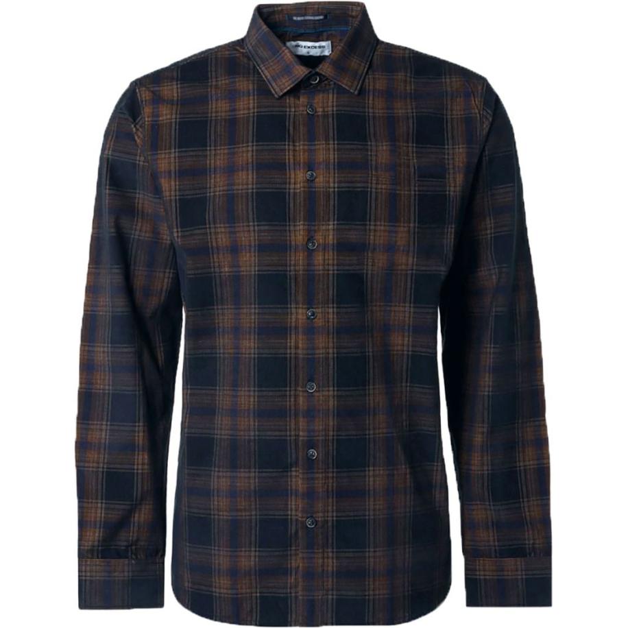 No Excess Overhemd Corduroy Ruit Navy Blauw