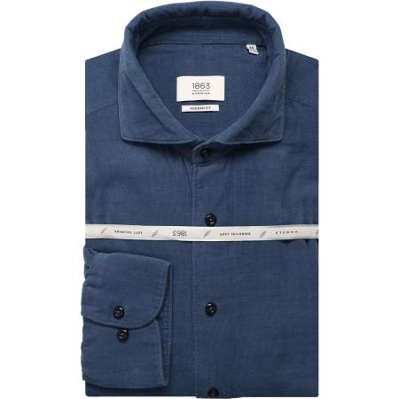 ETERNA 1863 ribfluwelen overhemd donkerblauw, Effen
