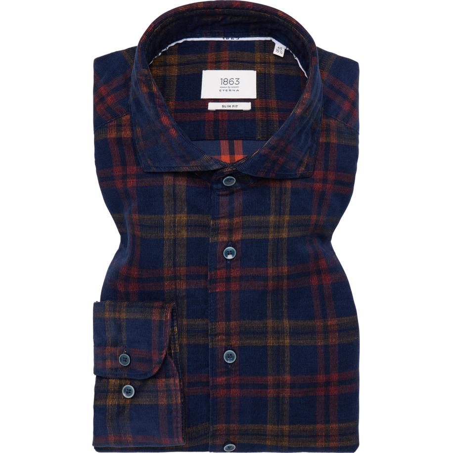 ETERNA 1863 ribfluwelen overhemd marine, Ruit Blauw