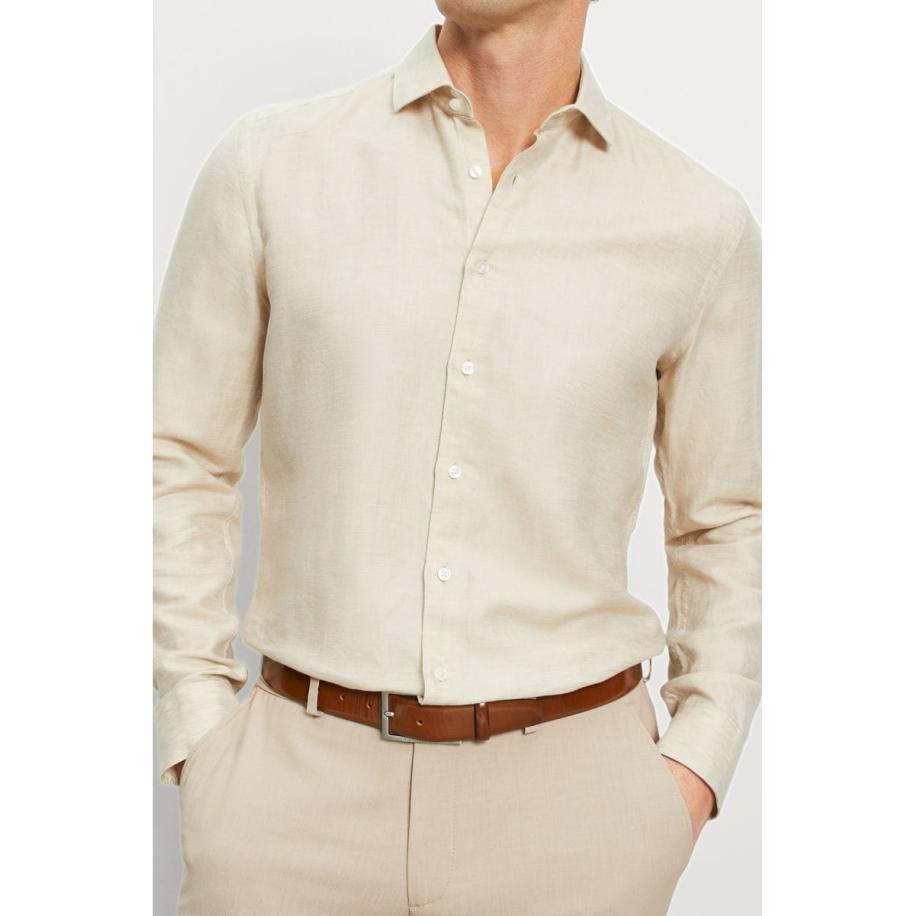 OLYMP Level Five Garment Washed Linnen Overhemd natuurlijk, Faux-uni Bruin