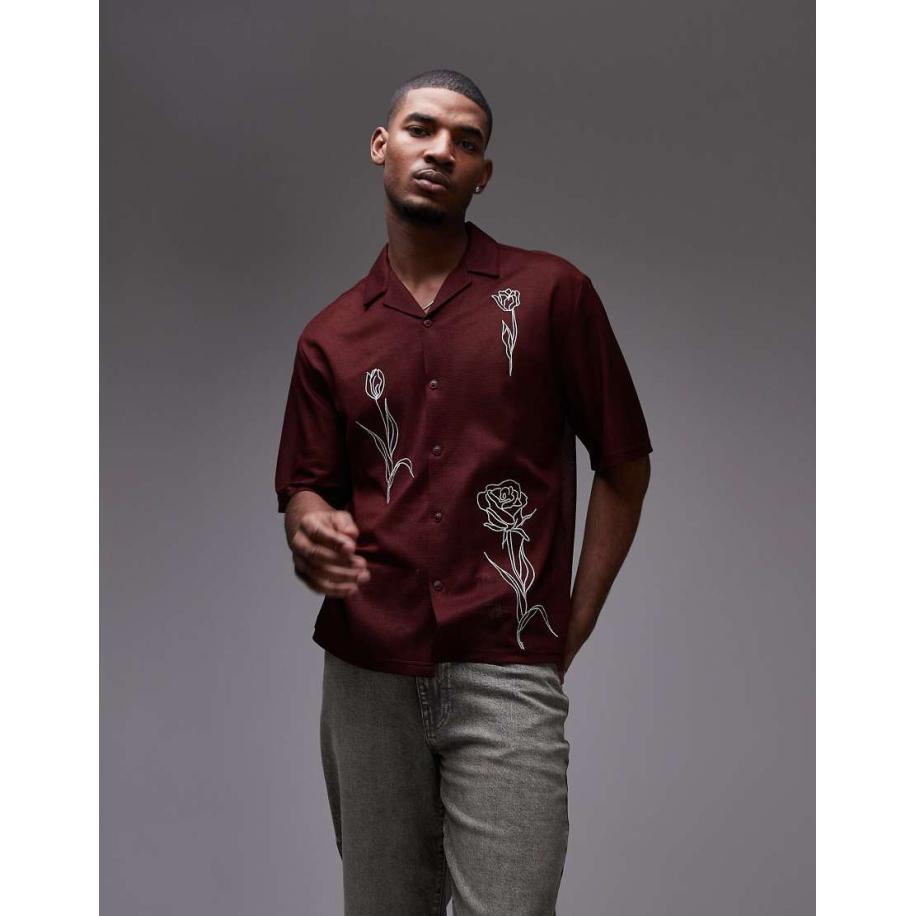 Topman - Overhemd met bloemenborduursels in bordeauxrood Rood