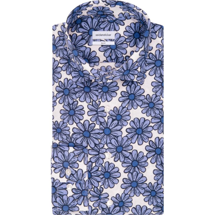 Seidensticker Linnen Overhemd blauw, Bloemen Blauw