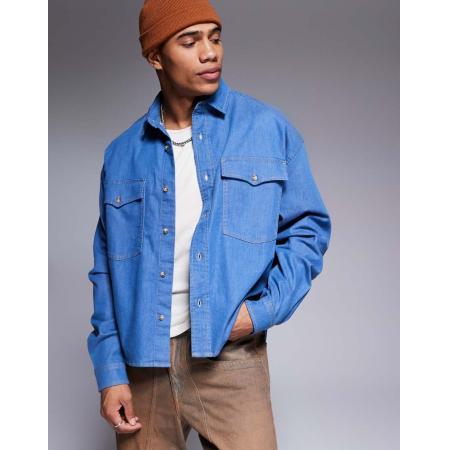 ASOS DESIGN - Recht denim overshirt in mid-wash blauw