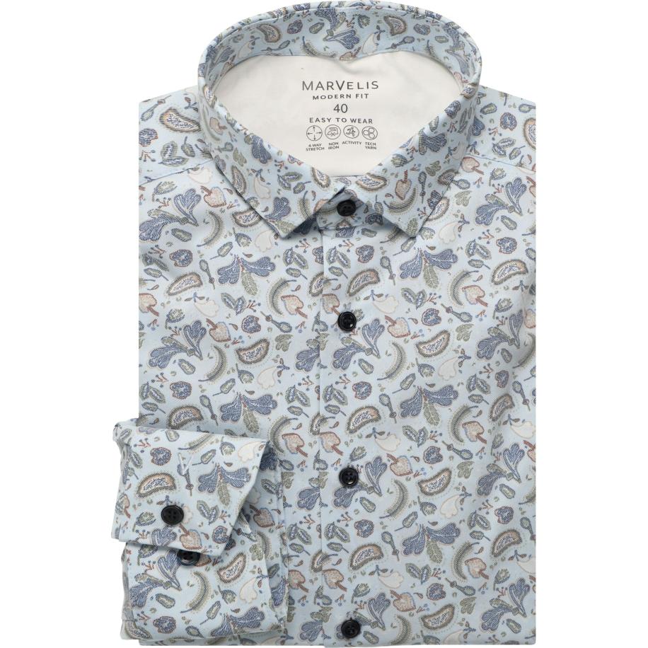 Marvelis Performance Overhemd blauw, Bedrukt Blauw
