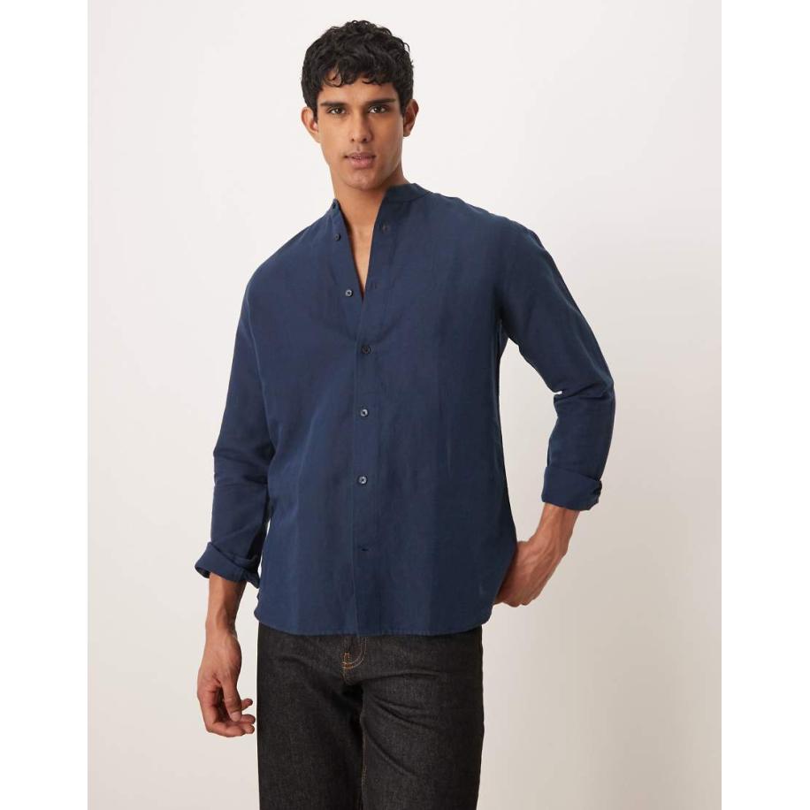 Mango - Overhemd zonder kraag in marineblauw Blauw