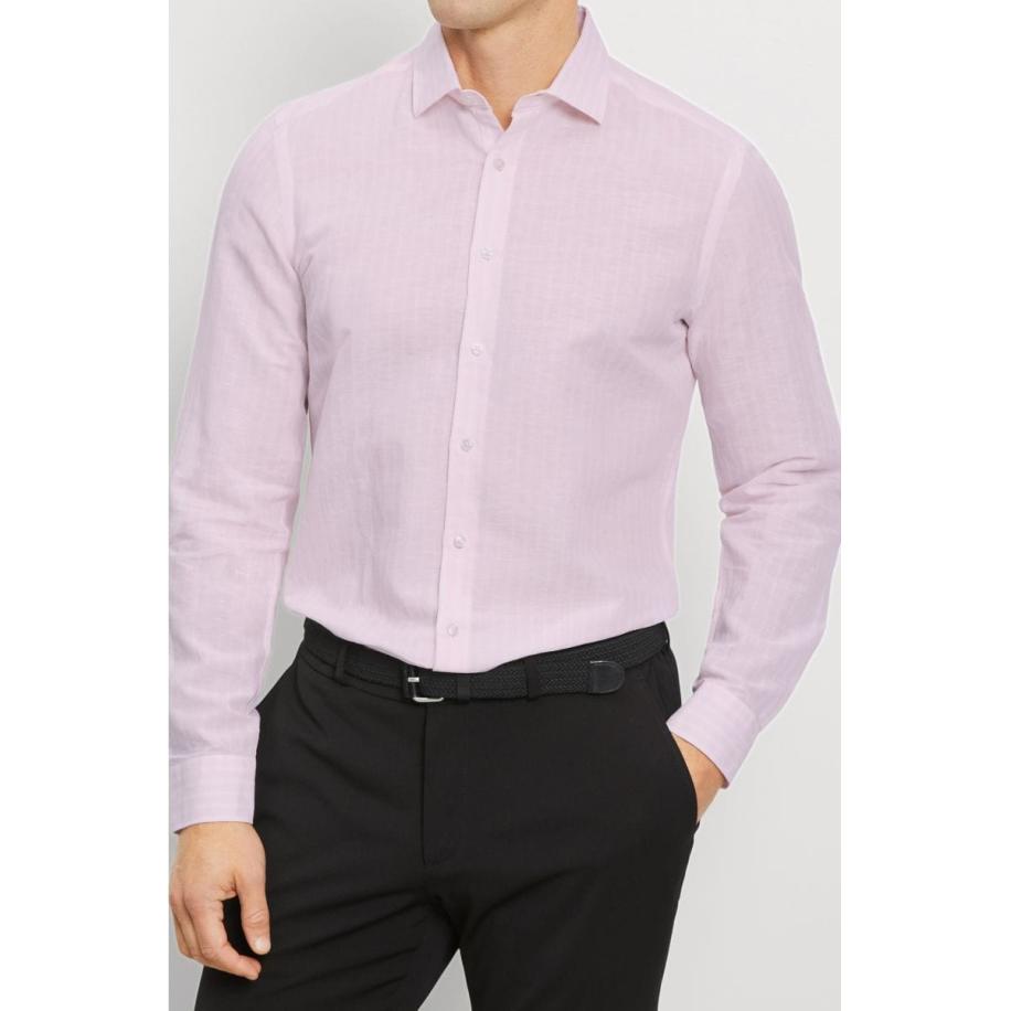 OLYMP Level Five Garment Washed Linnen Overhemd roos, Gestreept Rood