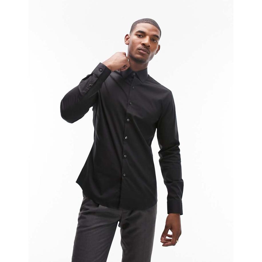 Topman - Net overhemd met stretch en lange mouwen in zwart Zwart