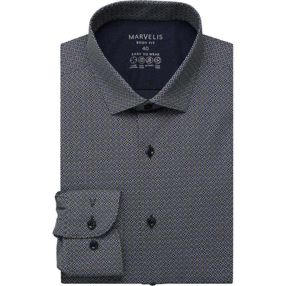 Marvelis Performance Overhemd marine, Bedrukt Blauw