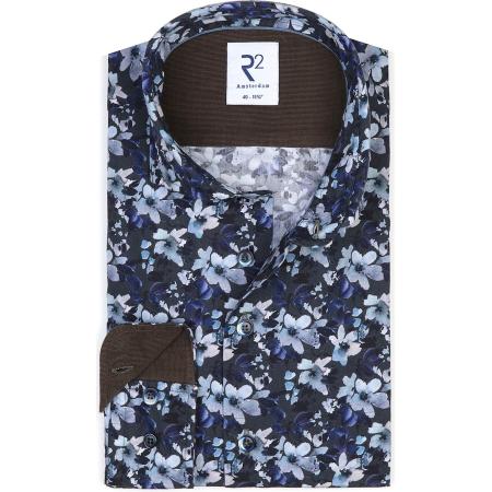 R2 Amsterdam Overhemd blauw, Bloemen