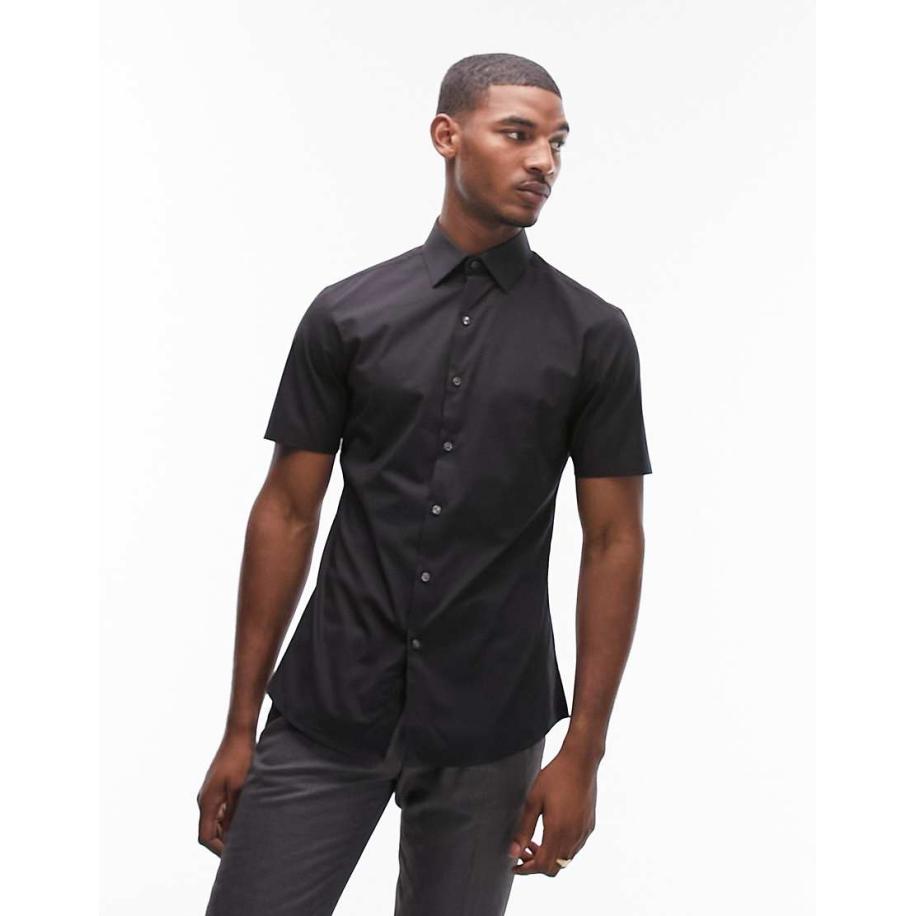 Topman - Net slim-fit overhemd met korte mouwen in zwart Zwart