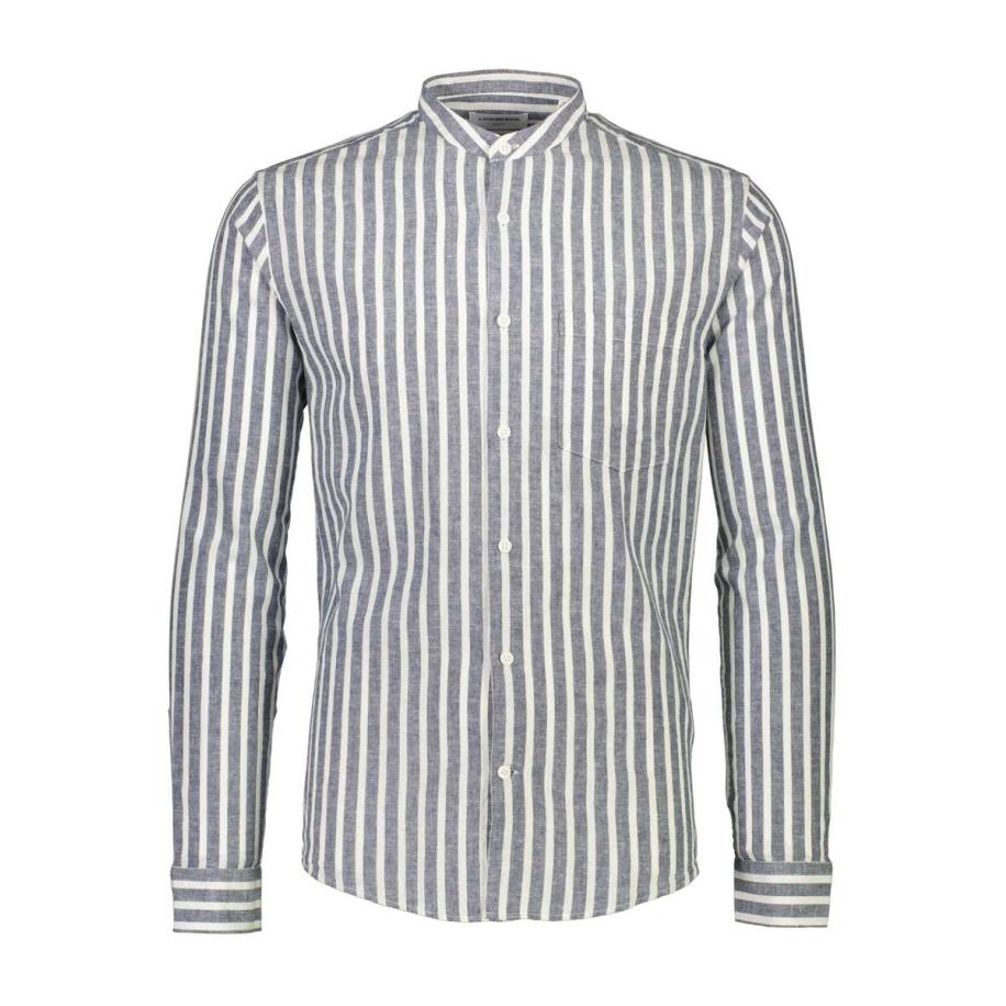 Lindbergh Linnen Overhemd donkerblauw, Gestreept Blauw