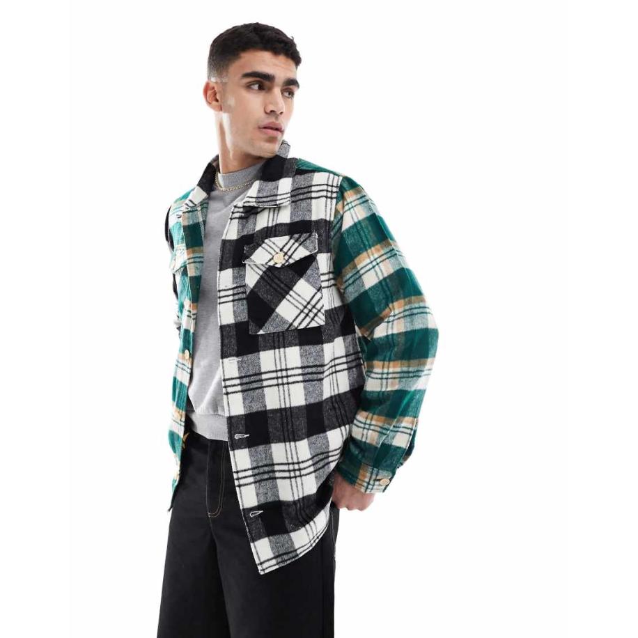 ADPT - Oversized geruit overshirt van geborsteld materiaal in zwart en groen-Neutraal Multicolor