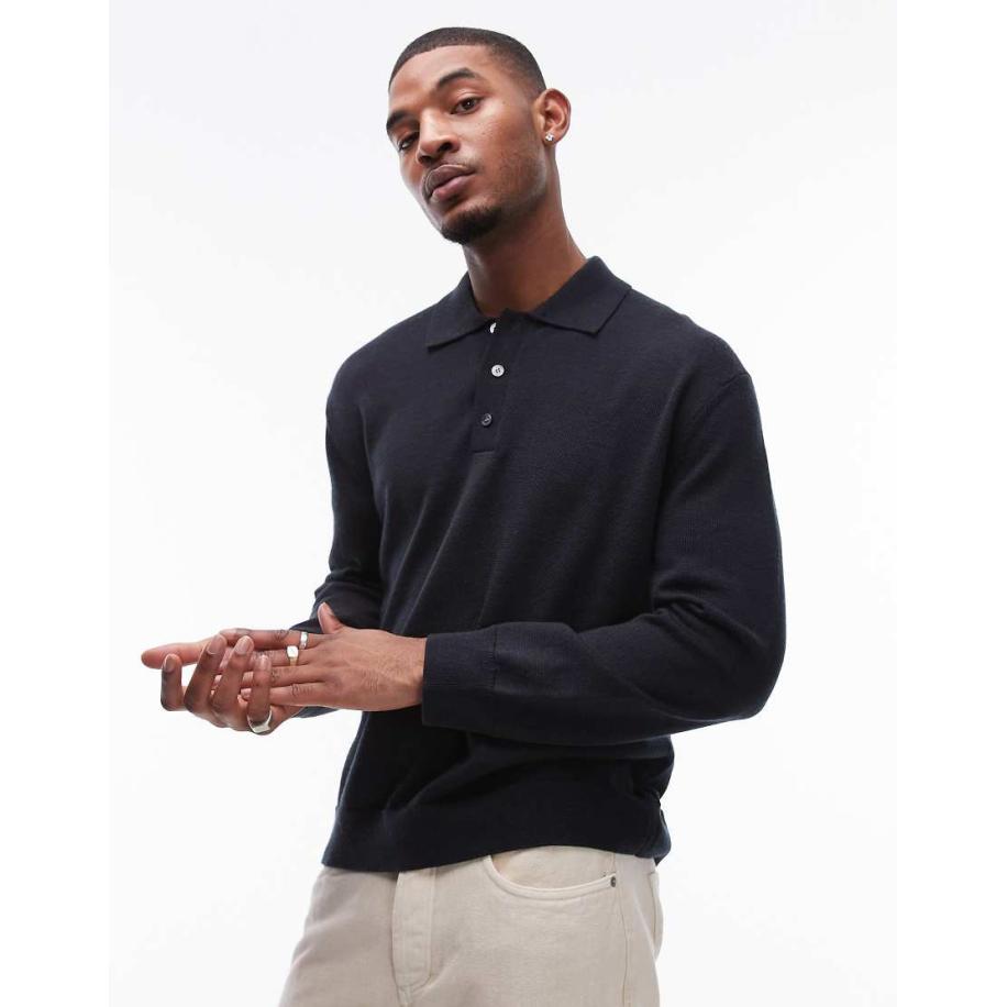 ARKET - Gebreid poloshirt van merinowol met lange mouwen in marineblauw Blauw