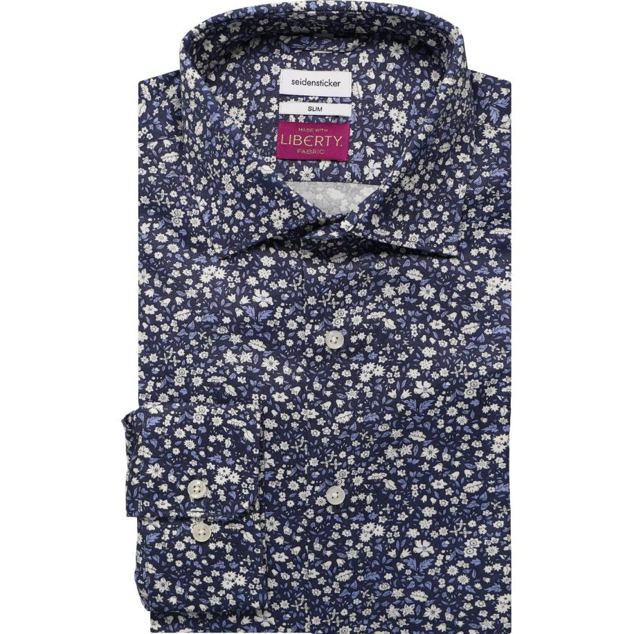 Seidensticker Overhemd donkerblauw, Bloemen Blauw
