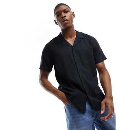 New Look - Overhemd van linnenmix met korte mouwen in zwart