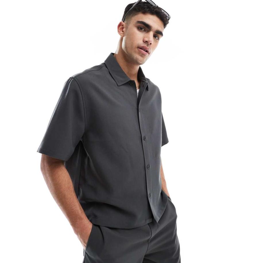 Bershka - Premium - Overhemd in antracietgrijs, deel van co-ord set Grijs