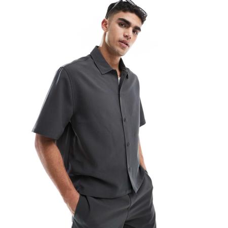 Bershka - Premium - Overhemd in antracietgrijs, deel van co-ord set