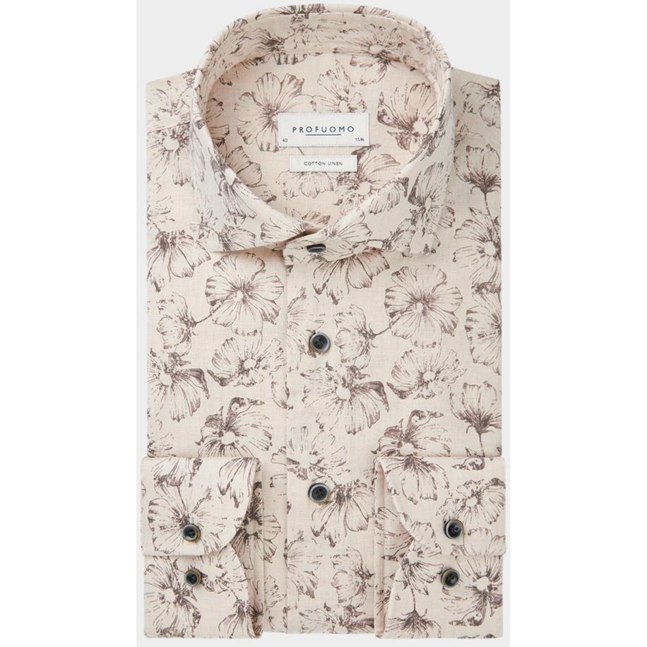 Profuomo Linnen Overhemd beige, Bloemen Bruin