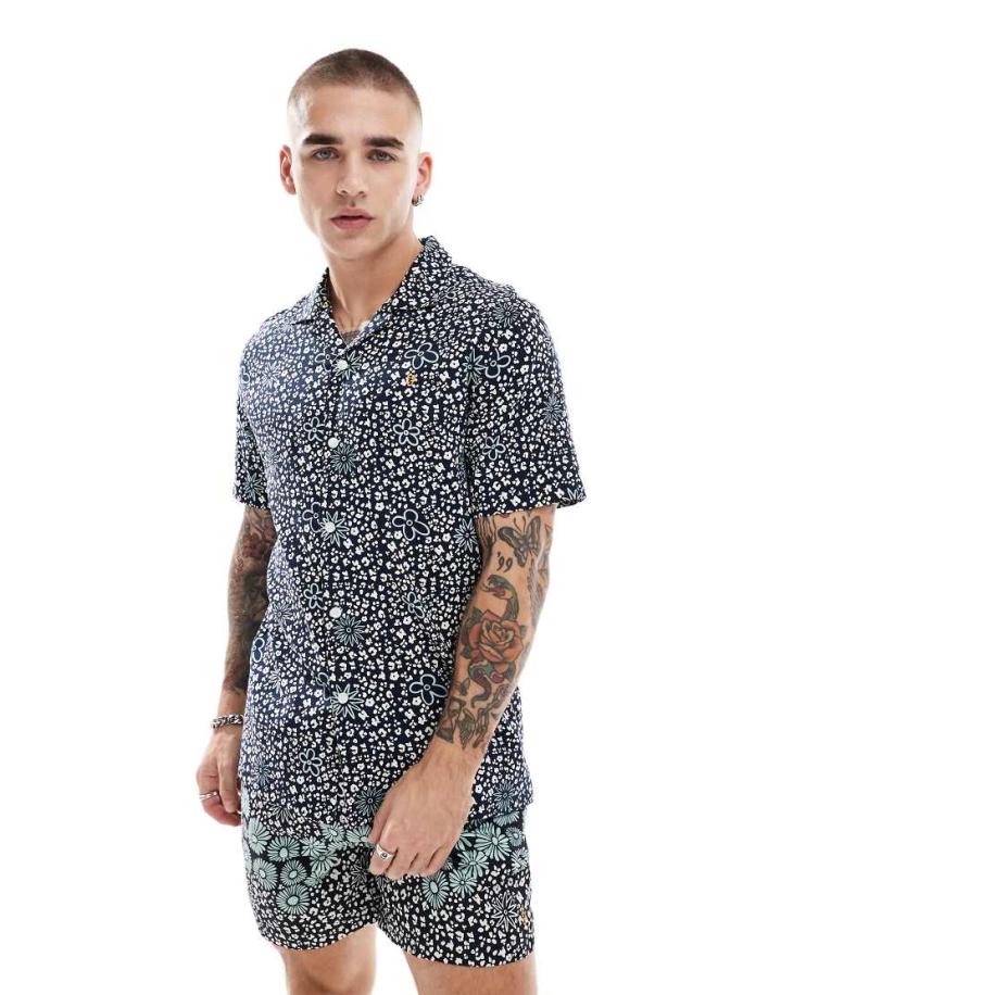 Farah - Landon - Overhemd met reverskraag, bloemenprint en korte mouwen in marineblauw, deel van co-ord set Blauw