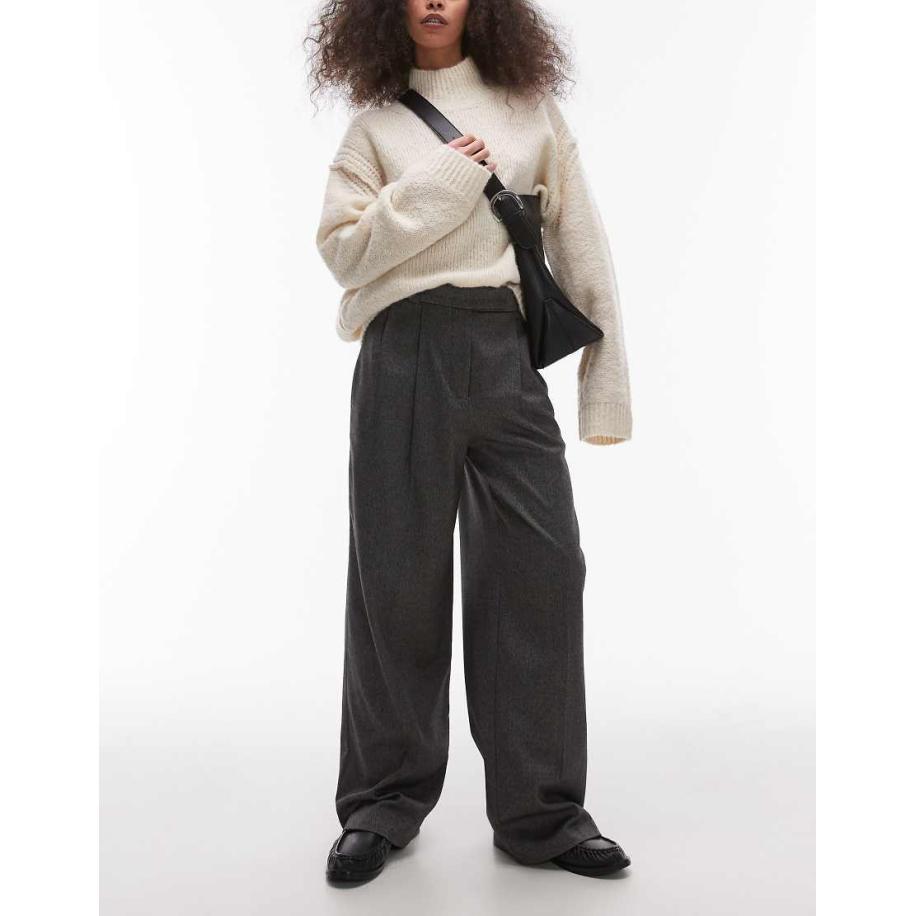 Topshop Elegante broek met wijde pijpen en plooien aan de voorkant in antracietgrijs Grijs