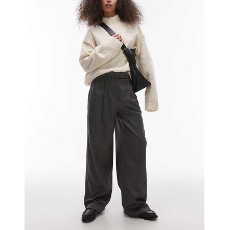 Topshop Elegante broek met wijde pijpen en plooien aan de voorkant in antracietgrijs