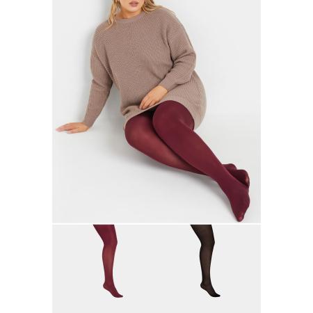 Yours Set Van Twee Paar 100 Denier Panty's In Bordeauxrood/Zwart Size 56-60