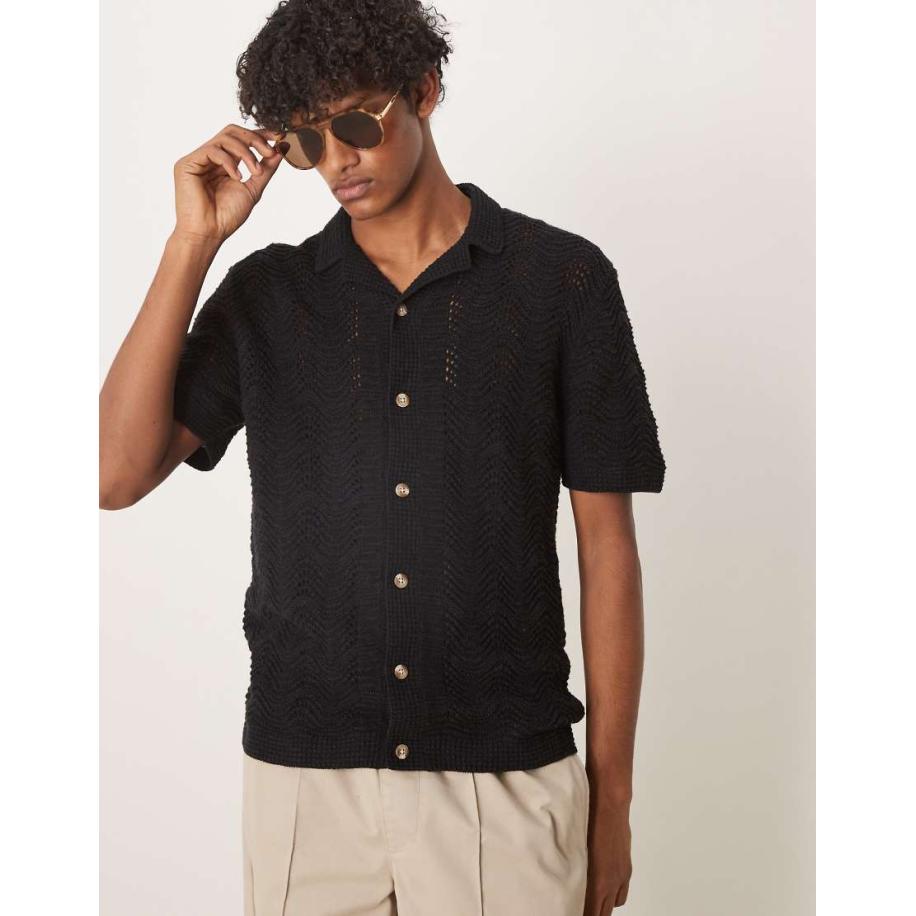 Abercrombie & Fitch - Gehaakte polo met korte mouwen en knoopsluiting in zwart Zwart