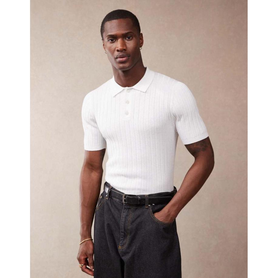 ASOS DESIGN - Muscle-fit tricot poloshirt met ribbels in wit Wit