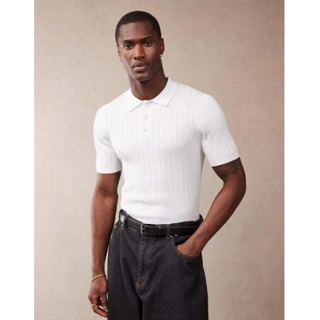 ASOS DESIGN - Muscle-fit tricot poloshirt met ribbels in wit