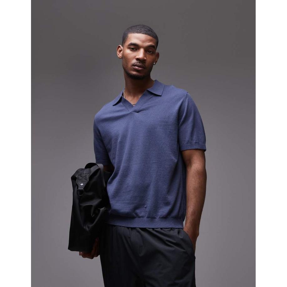 ARKET - Gebreide polo van katoen met katoen en linnen en korte mouwen in marineblauw bruin Blauw