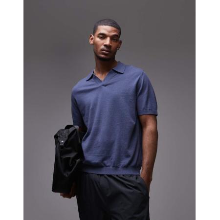 ARKET - Gebreide polo van katoen met katoen en linnen en korte mouwen in marineblauw bruin