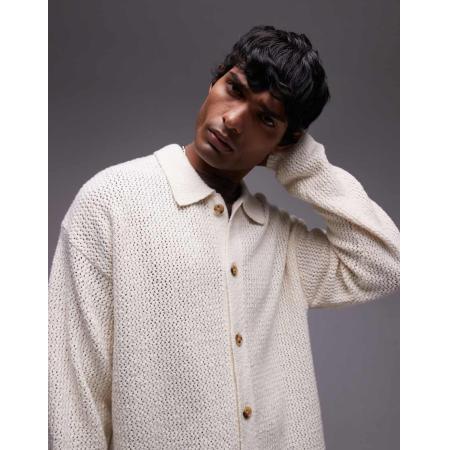Topman - Gebreid overshirt met lange mouwen en knopen in crème-Neutraal