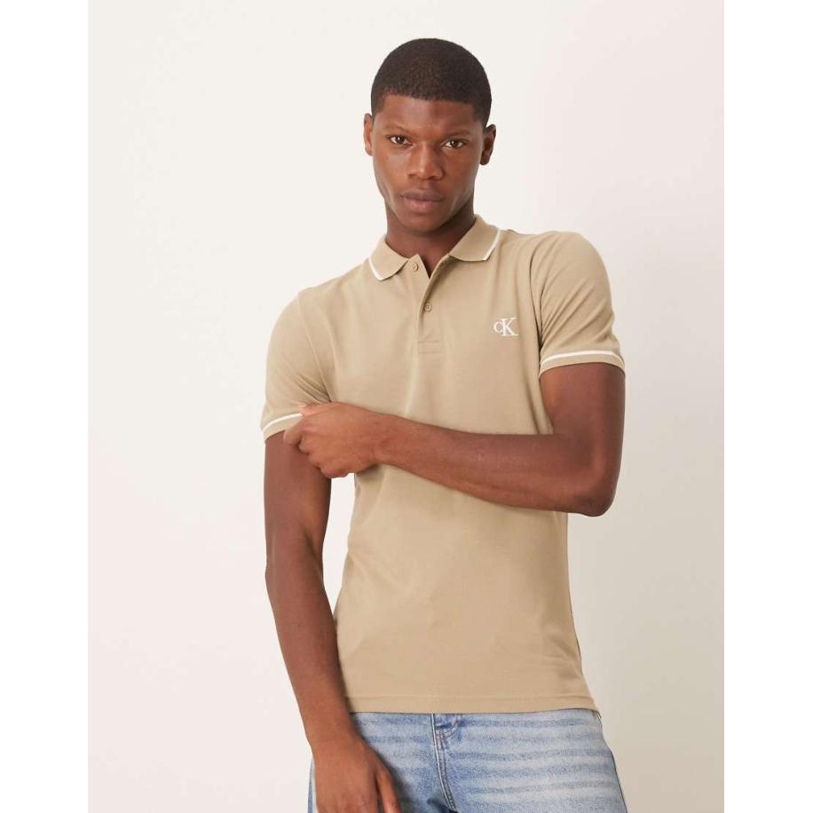 Calvin Klein Jeans - Polo met een gekleurd randje in beige-Neutraal Multicolor
