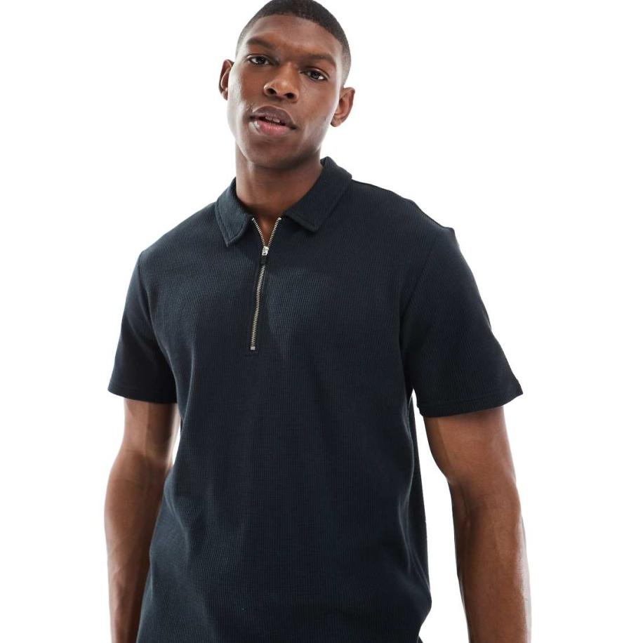 ONLY & SONS - Polo met textuur en rits in zwart, deel van co-ord set Zwart
