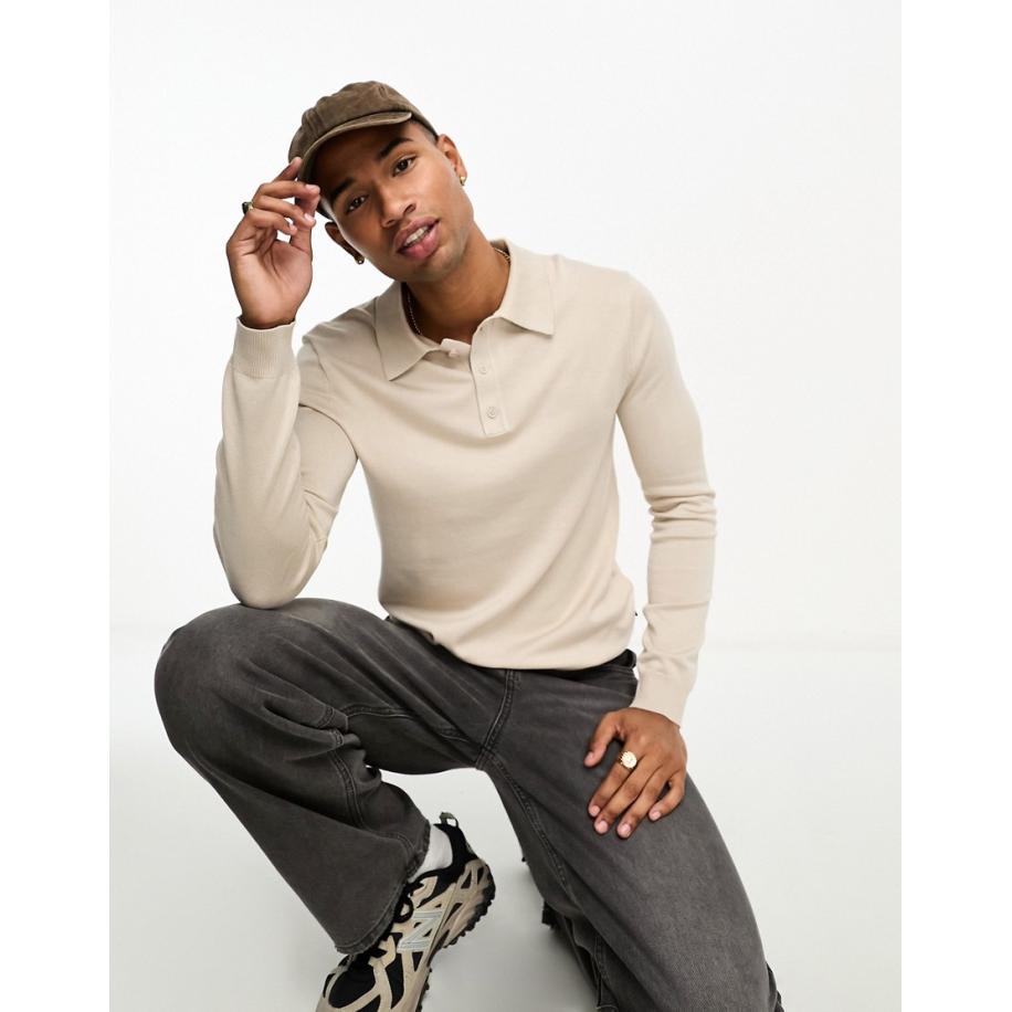 Only & Sons - Gebreide polo met lange mouwen in beige-Neutraal Multicolor