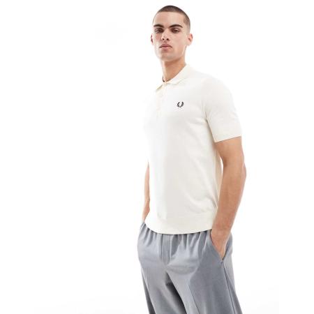 Fred Perry - Gebreide polo met korte mouwen in gebroken wit
