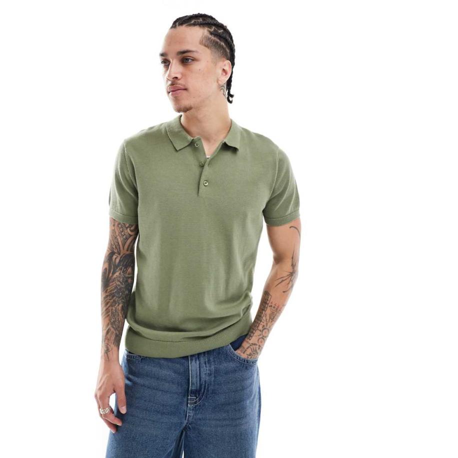 New Look - Gebreide polo met korte mouwen in kaki-Groen Groen