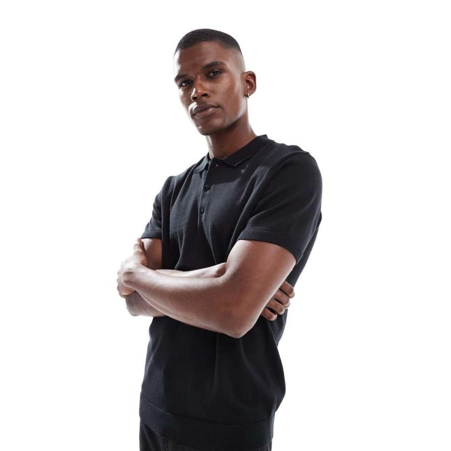 New Look - Gebreide polo met korte mouwen in zwart Zwart